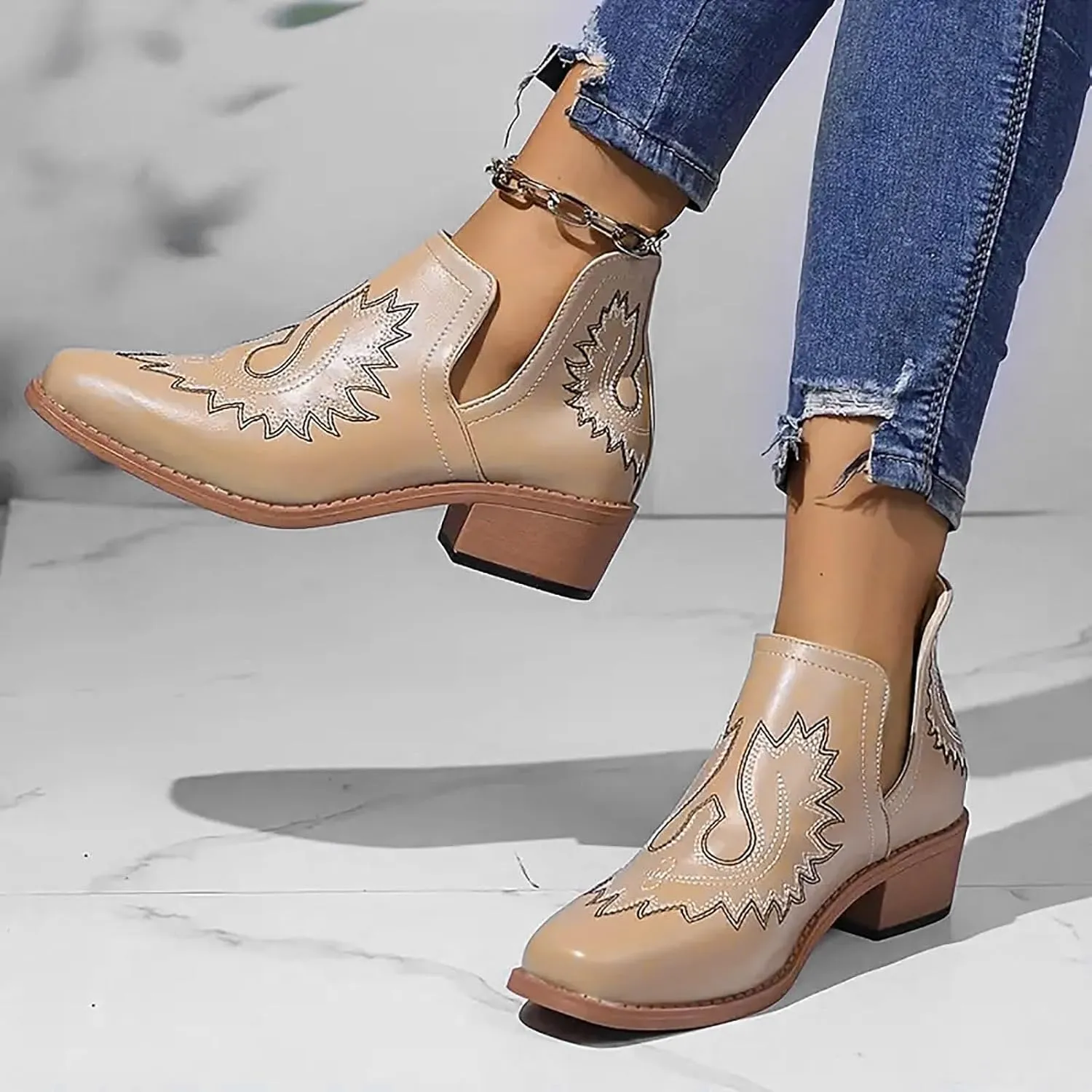 Blue Ankle Boots for Women Casual Western Fashion Short Boots Pointed Low Chunky Heels Western Slip-On Women Shoes