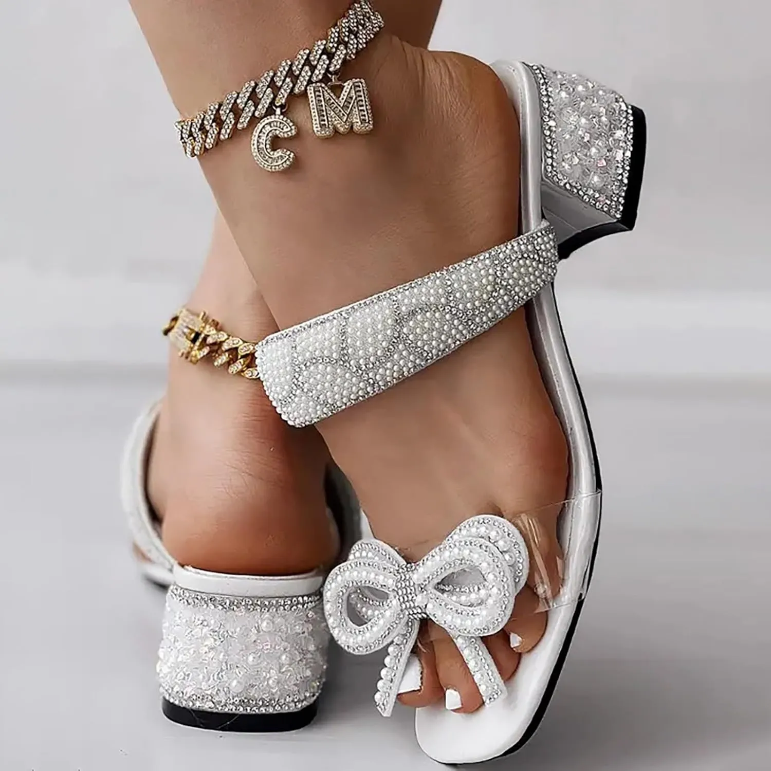 Chunky Heels for Women Pearl Bow Low Block Heels Square Open Toe Block Slide Sandals Wedding Heels Bridal Shoes
