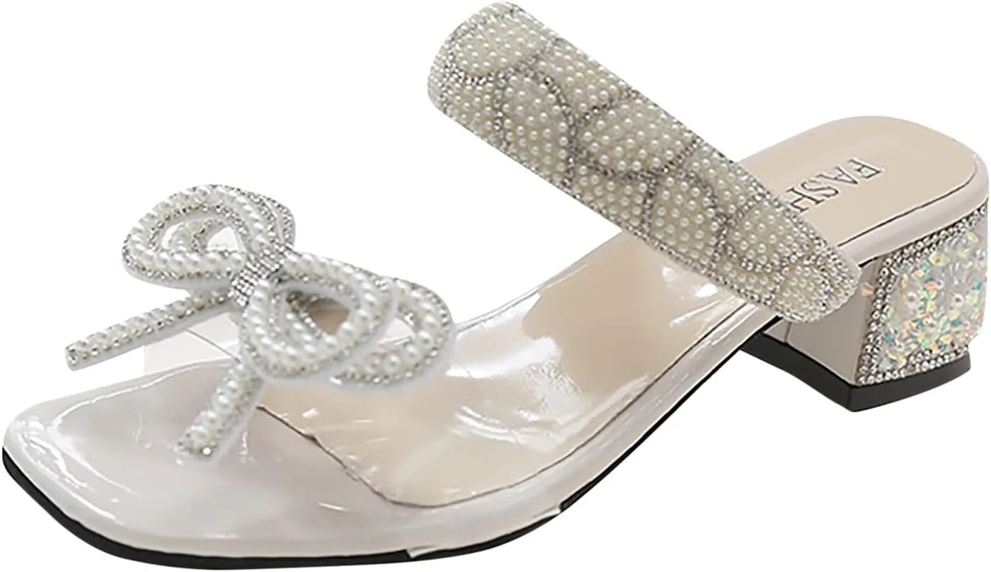 Chunky Heels for Women Pearl Bow Low Block Heels Square Open Toe Block Slide Sandals Wedding Heels Bridal Shoes