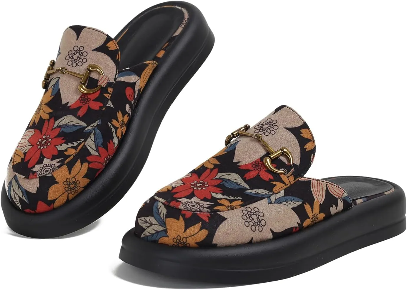 Dumalum Mules for Women Flats Closed Round Toe Slip on Sandals Comfortable Loafers Slides Shoes with Metal Chain Decor