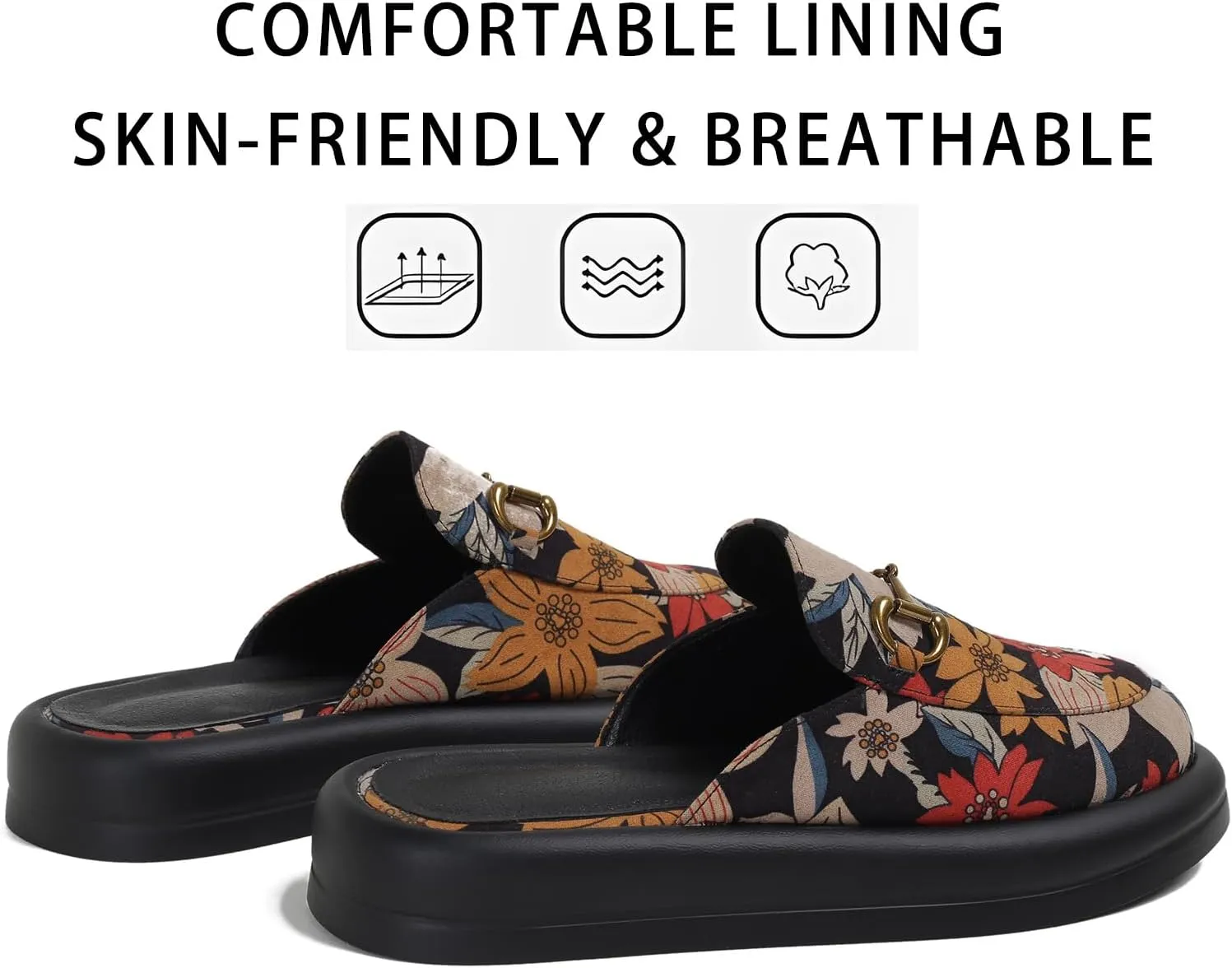 Dumalum Mules for Women Flats Closed Round Toe Slip on Sandals Comfortable Loafers Slides Shoes with Metal Chain Decor