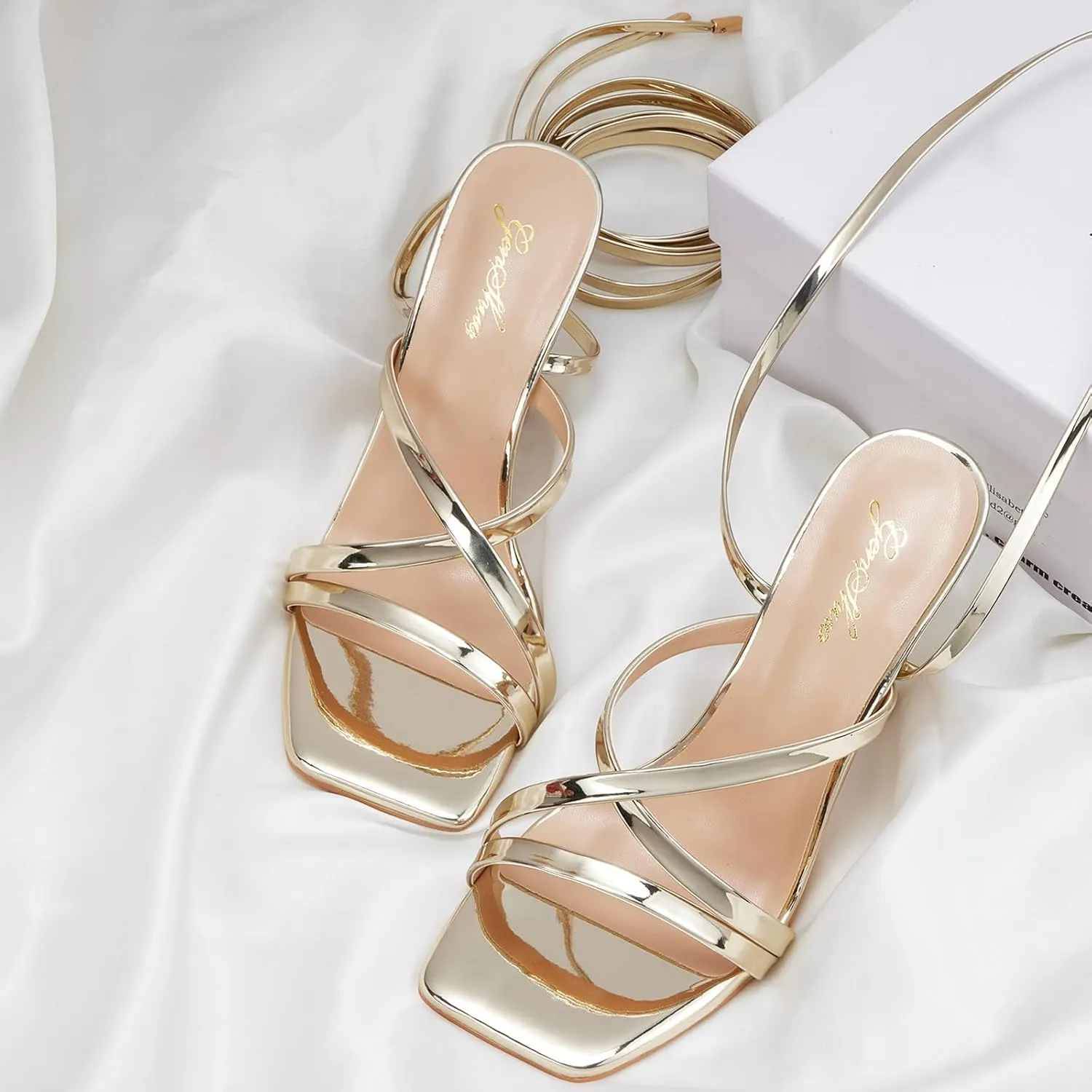 GENSHUO Women's heeled Sandals Strappy Lace up Stiletto High Heel Sandals Square Toe Sandals Tie up Heels Sandals for Party Prom Homecoming Dress Shoes