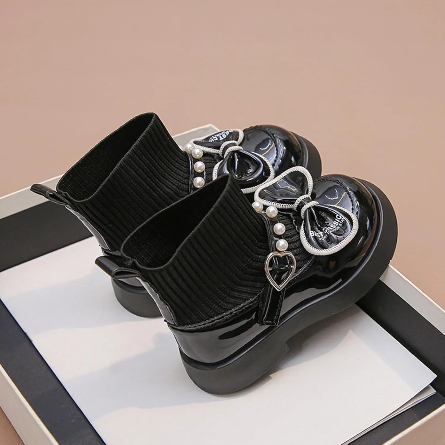 Girls Pearl Bowknot Elastic Ankle Boots Non-Slip Chunky Heel Winter Dress Shoes Fashion Leather 1 Yr Old Girl Shoes