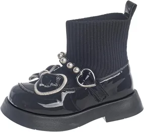 Girls Pearl Bowknot Elastic Ankle Boots Non-Slip Chunky Heel Winter Dress Shoes Fashion Leather 1 Yr Old Girl Shoes