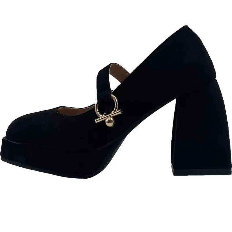Hnzxzm Black French Thick Heel Shoes Women's New Autumn and Winter Suede with Skirt Shallow Square Head Single Shoes