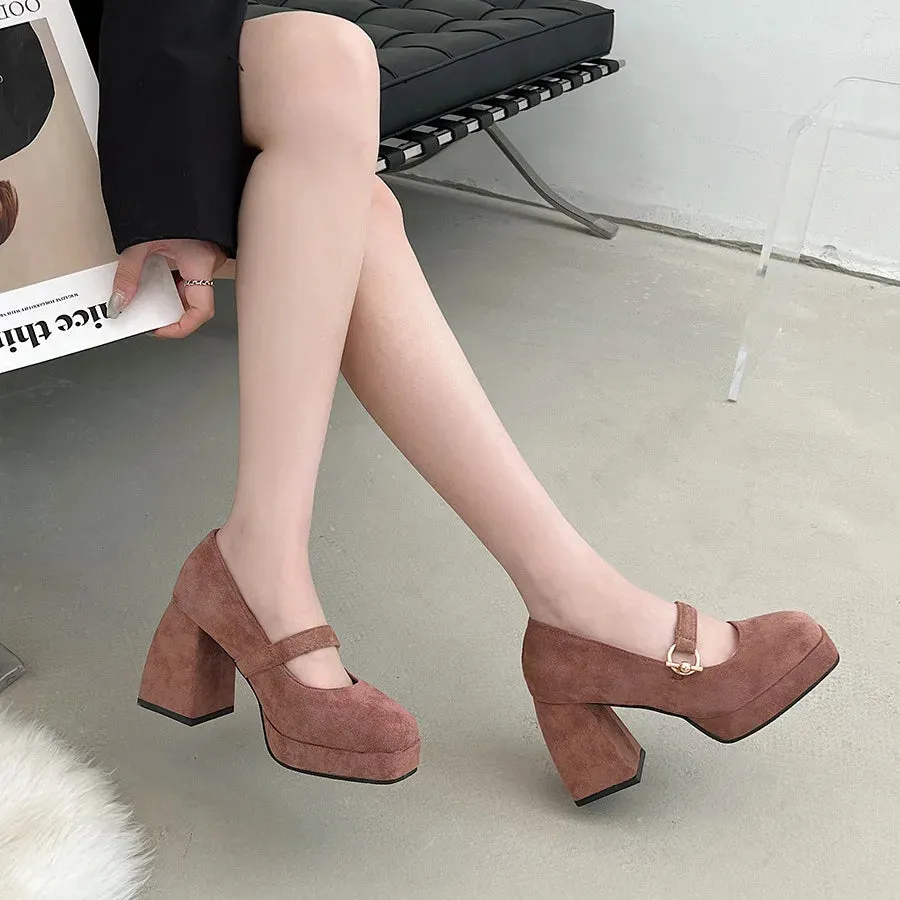 Hnzxzm Black French Thick Heel Shoes Women's New Autumn and Winter Suede with Skirt Shallow Square Head Single Shoes