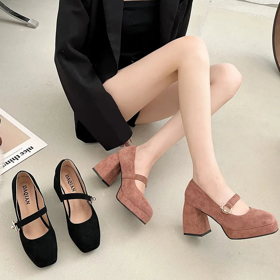 Hnzxzm Black French Thick Heel Shoes Women's New Autumn and Winter Suede with Skirt Shallow Square Head Single Shoes
