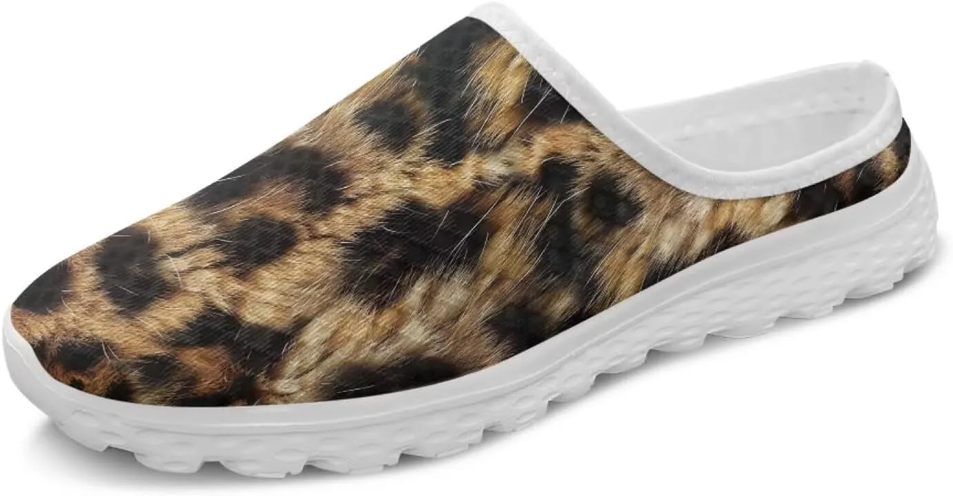 Howilath Animal Print Mule Shoes for Women Garden Clogs Leopard Print Slip on Walking Shoes Mule Sneakers Breathable Loafers