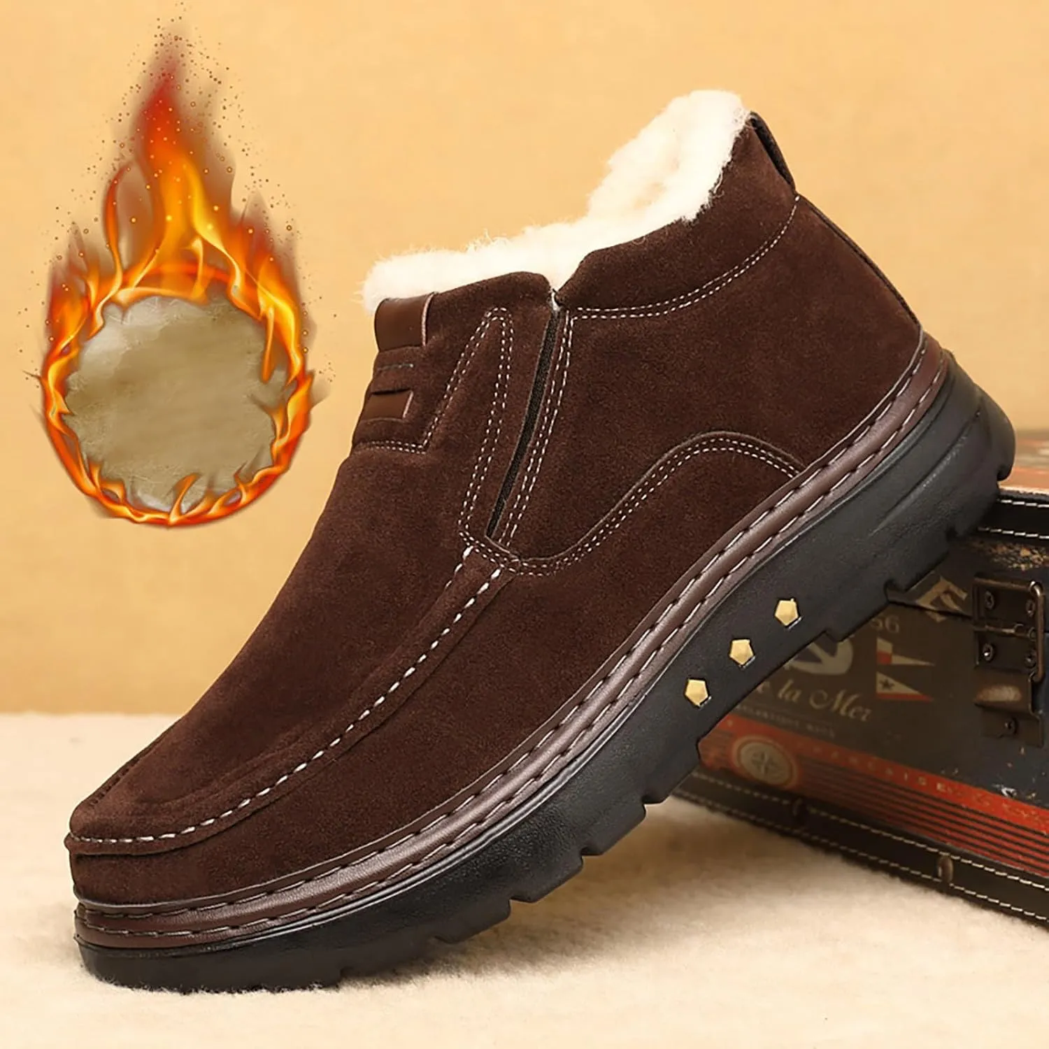 Men's Waterproof Slip On Snow Boots Warm Plush Lined Non Slip Outdoor Winter Booties Work Walking Cotton Shoes