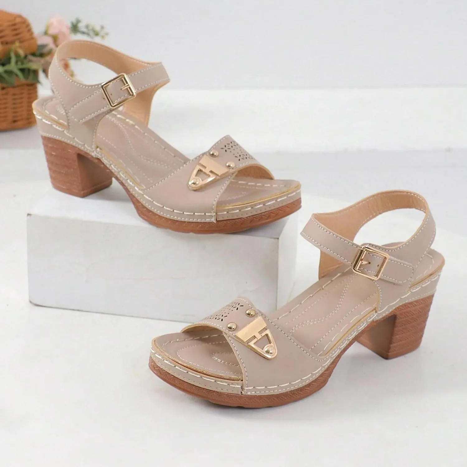 Orthopedic Wedge Sandals for Women Comfortable,Fashion Chunky Heels Sandals Women Comfy Open Toe Block Heeled Sandals Ankle Strappy Corks Heels Chunky Platform Heels for Women Summer Dress Shoes 