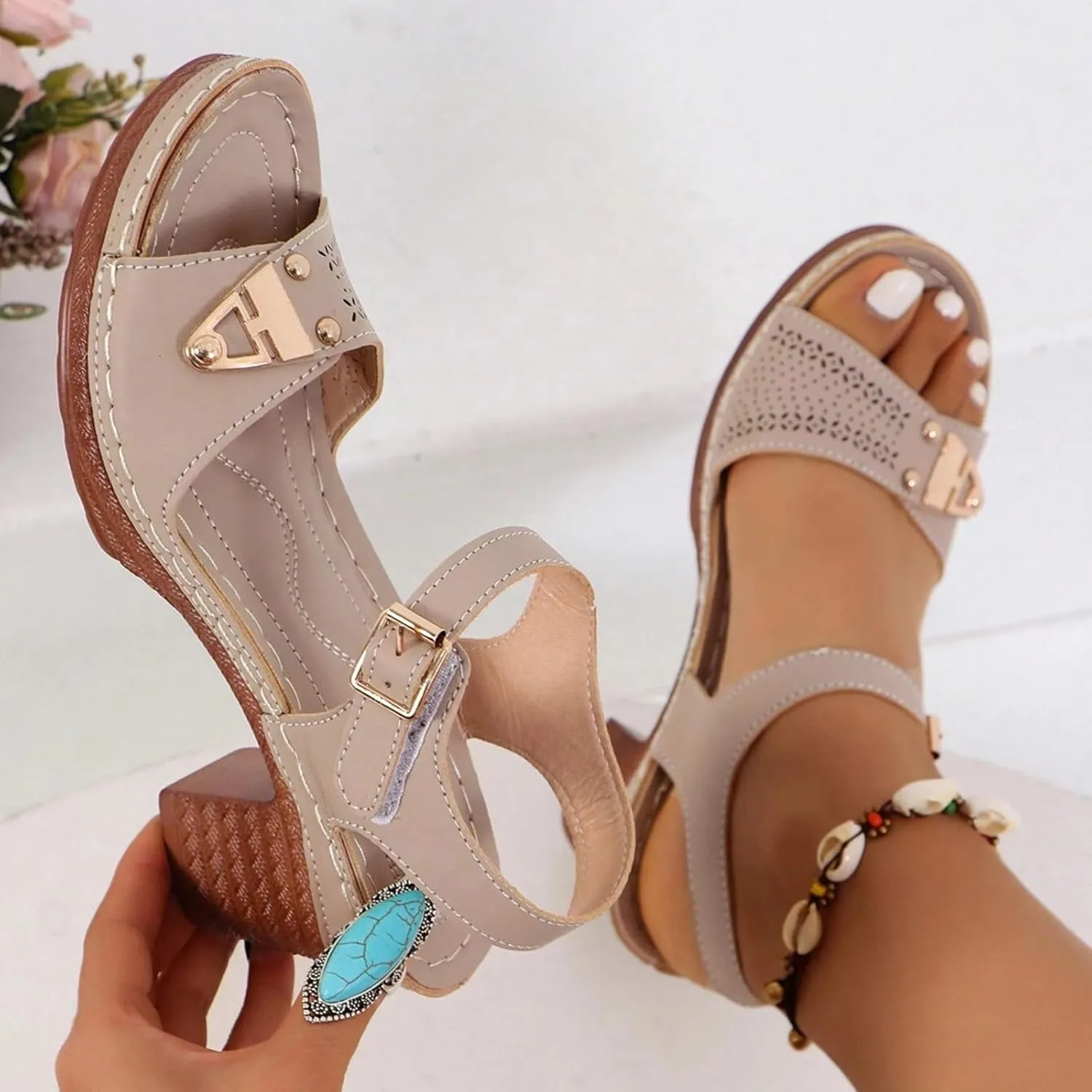 Orthopedic Wedge Sandals for Women Comfortable,Fashion Chunky Heels Sandals Women Comfy Open Toe Block Heeled Sandals Ankle Strappy Corks Heels Chunky Platform Heels for Women Summer Dress Shoes 