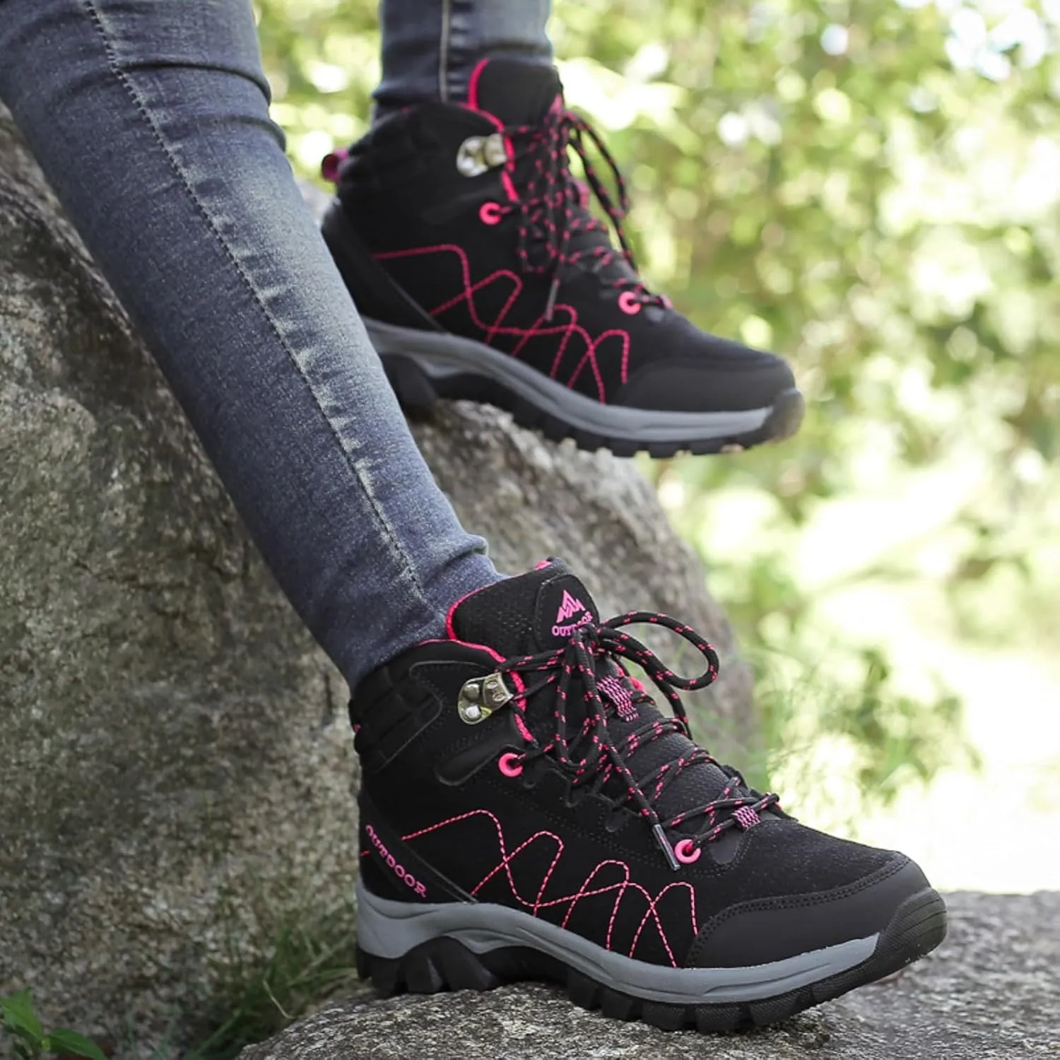 Womens Hiking Boots Outdoor Trekking Camping Trail Hiking Boots Lightweight Waterproof Lace Up Sneakers Comfy Daily Walking Work Shoes High Top Non Slip Memory Foam Sole Hiking Boots Women