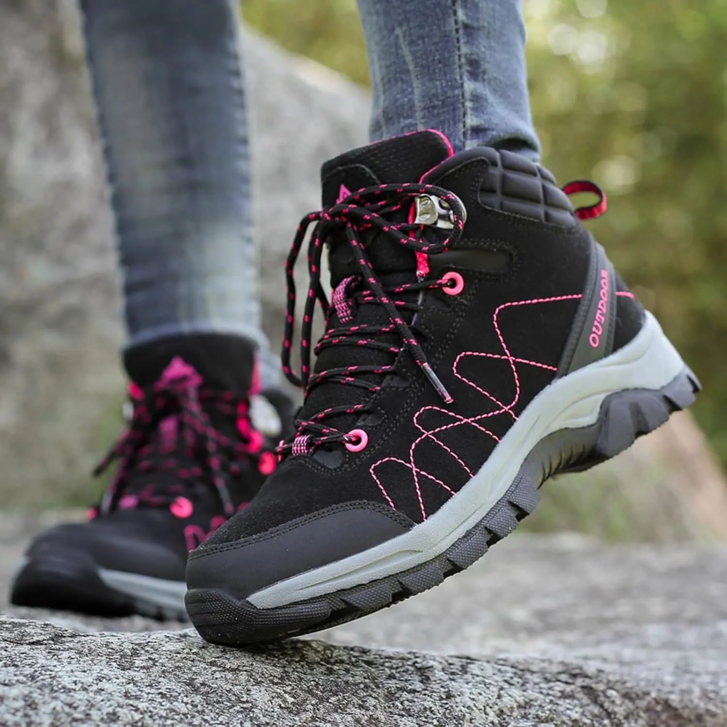 Womens Hiking Boots Outdoor Trekking Camping Trail Hiking Boots Lightweight Waterproof Lace Up Sneakers Comfy Daily Walking Work Shoes High Top Non Slip Memory Foam Sole Hiking Boots Women