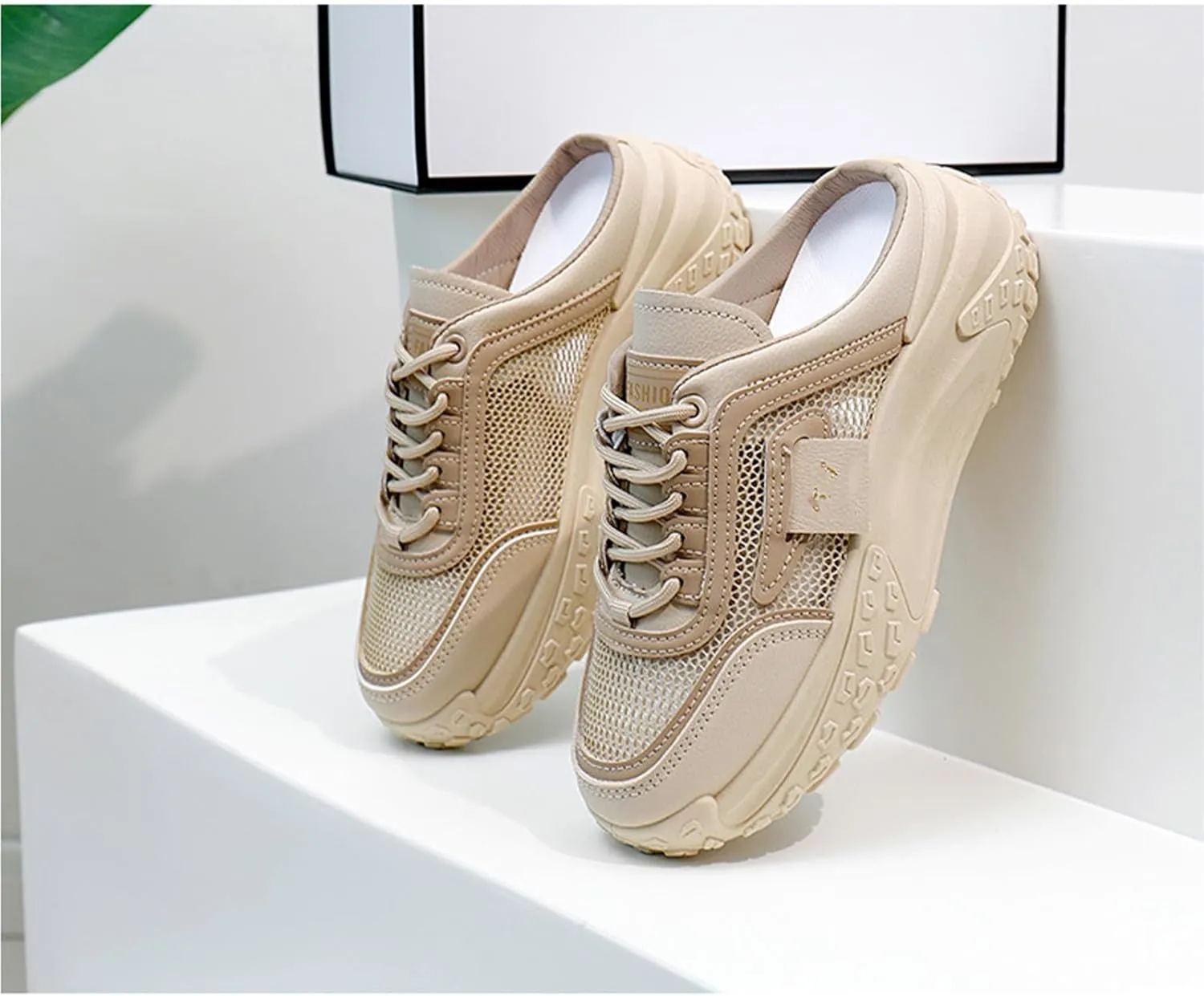 Women's Knitted Breathable Mesh Platform Thick Sole Mule Sneakers Classic Lace-Up Orthopedic Slip-On Slingback Loafers Slippers Summer Comfortable Casual Walking Shoes