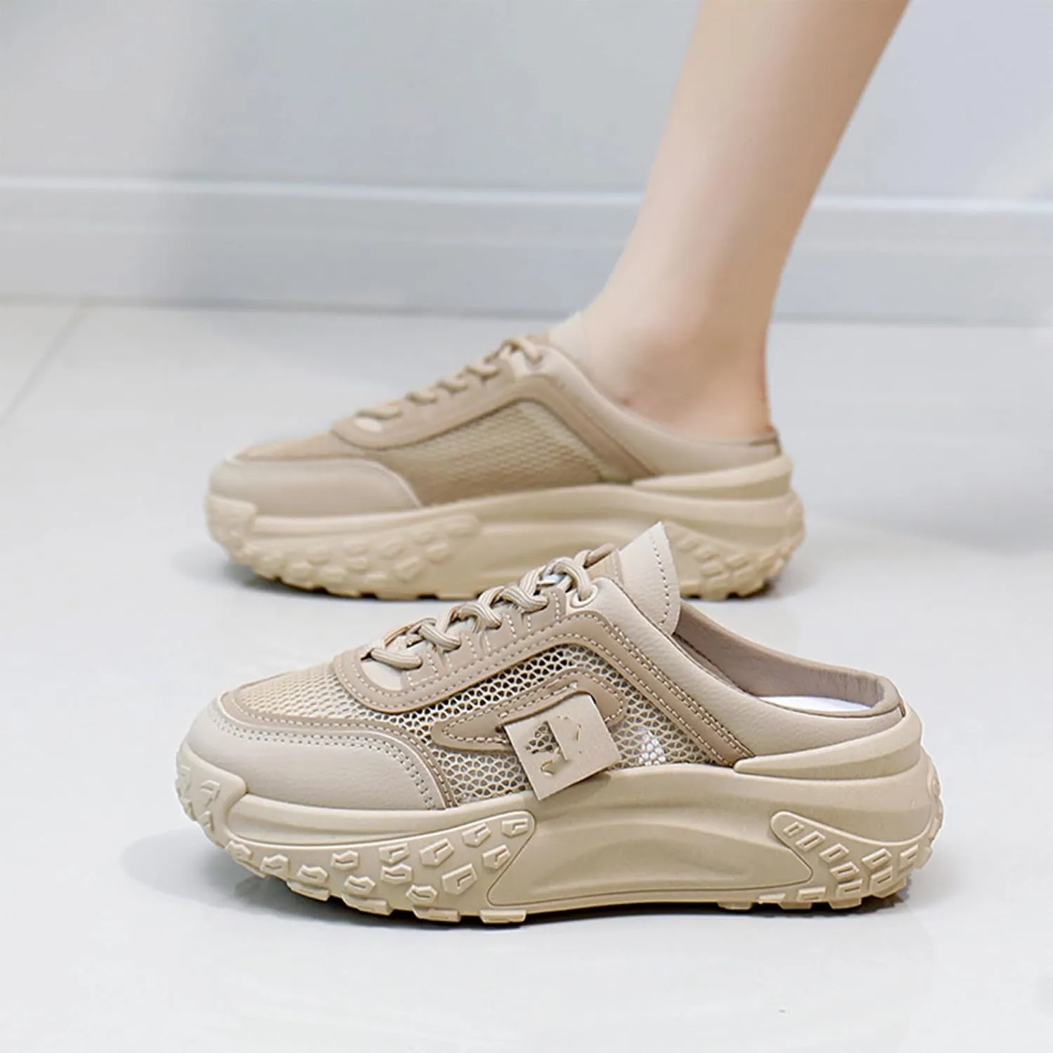 Women's Knitted Breathable Mesh Platform Thick Sole Mule Sneakers Classic Lace-Up Orthopedic Slip-On Slingback Loafers Slippers Summer Comfortable Casual Walking Shoes