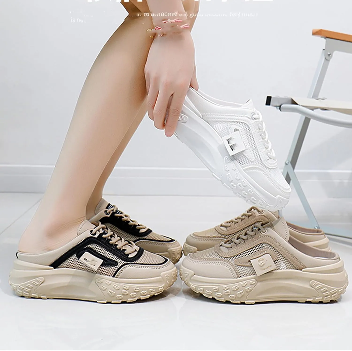 Women's Knitted Breathable Mesh Platform Thick Sole Mule Sneakers Classic Lace-Up Orthopedic Slip-On Slingback Loafers Slippers Summer Comfortable Casual Walking Shoes