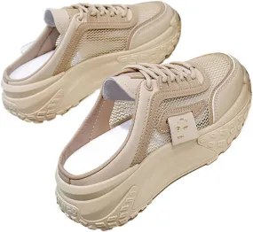 Women's Knitted Breathable Mesh Platform Thick Sole Mule Sneakers Classic Lace-Up Orthopedic Slip-On Slingback Loafers Slippers Summer Comfortable Casual Walking Shoes